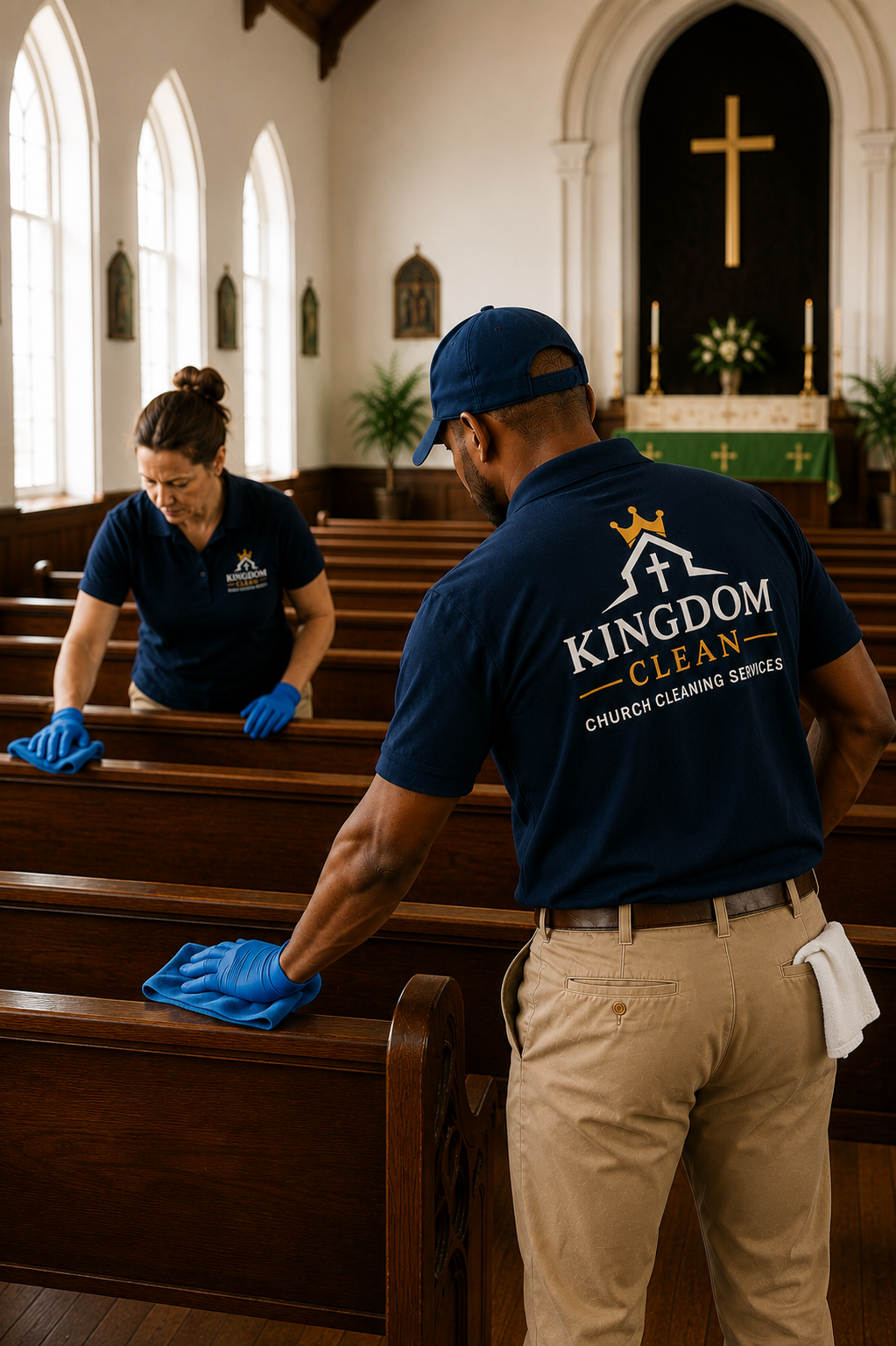 Two Kingdom Clean team members in navy shirts cleaning wooden pews in a bright church sanctuary